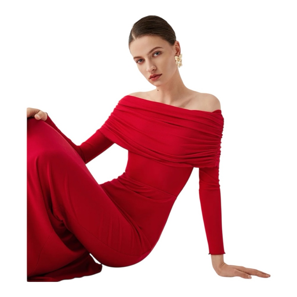COMMENSE
Semi-Sheer Off-Shoulder Mesh Long Sleeve Long Dress COLOR - Red NWT - Picture 3 of 9